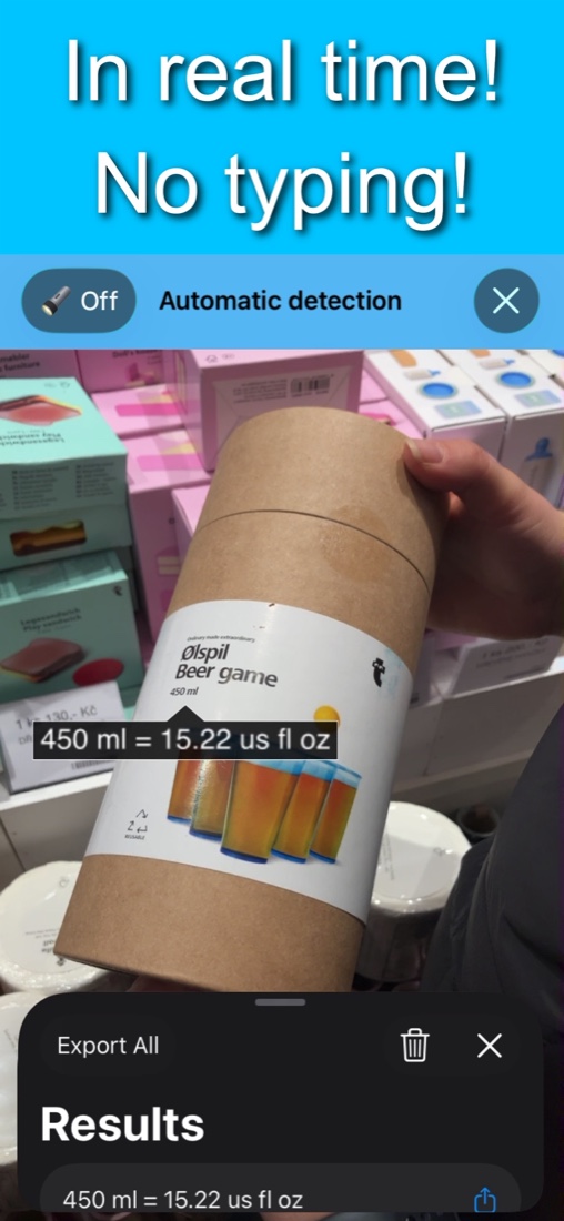 Real-time conversion of 450 ml on a packaging tube to 15.22 US fluid ounces