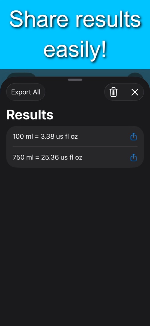 Results list holding saved conversions with a share button on each row